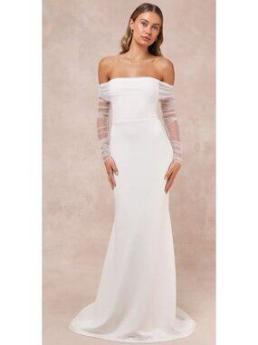 Lulus Beautifully Beloved White Mesh Off-the-Shoulder Maxi Dress Size Small NWT!